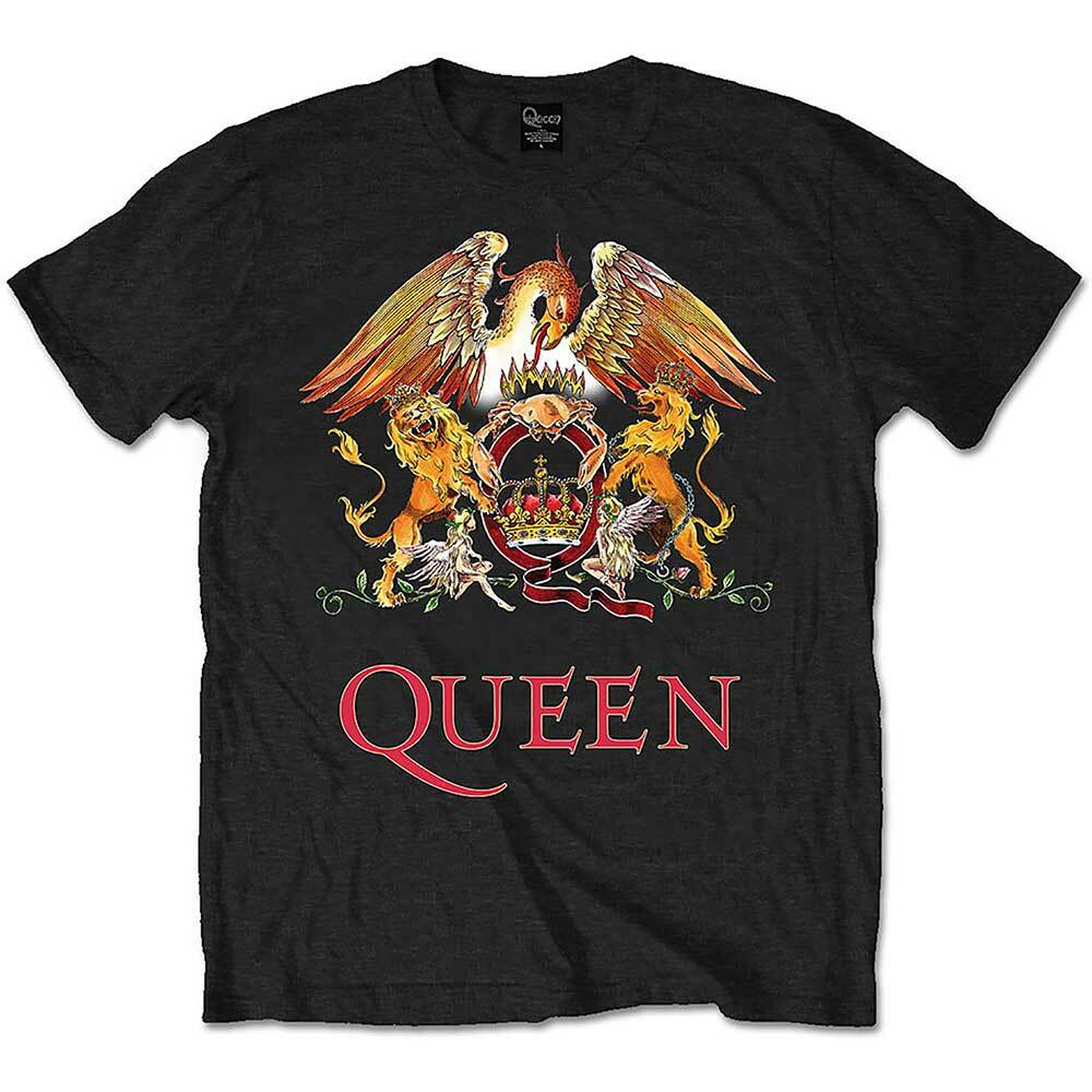 A black official t shirt with a large classic crest for the band queen in colour on the front with the word queen underneath