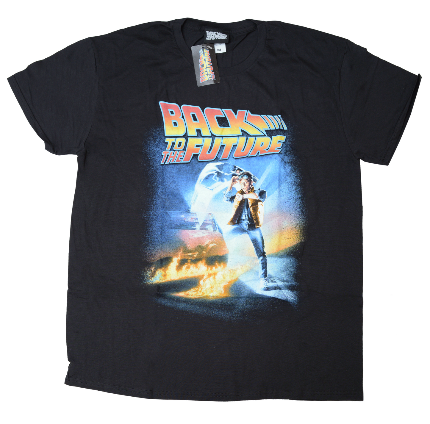 a black official back to the future oster graphic t shirt on a white background
