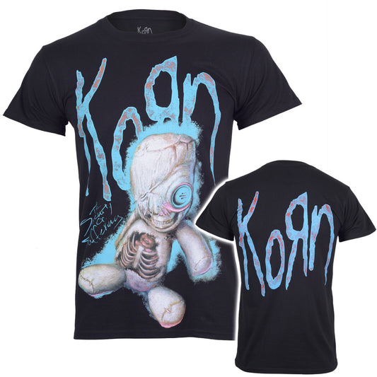 Official Korn Black t-shirt with Korn sos doll graphic design on front and Korn band logo on back 