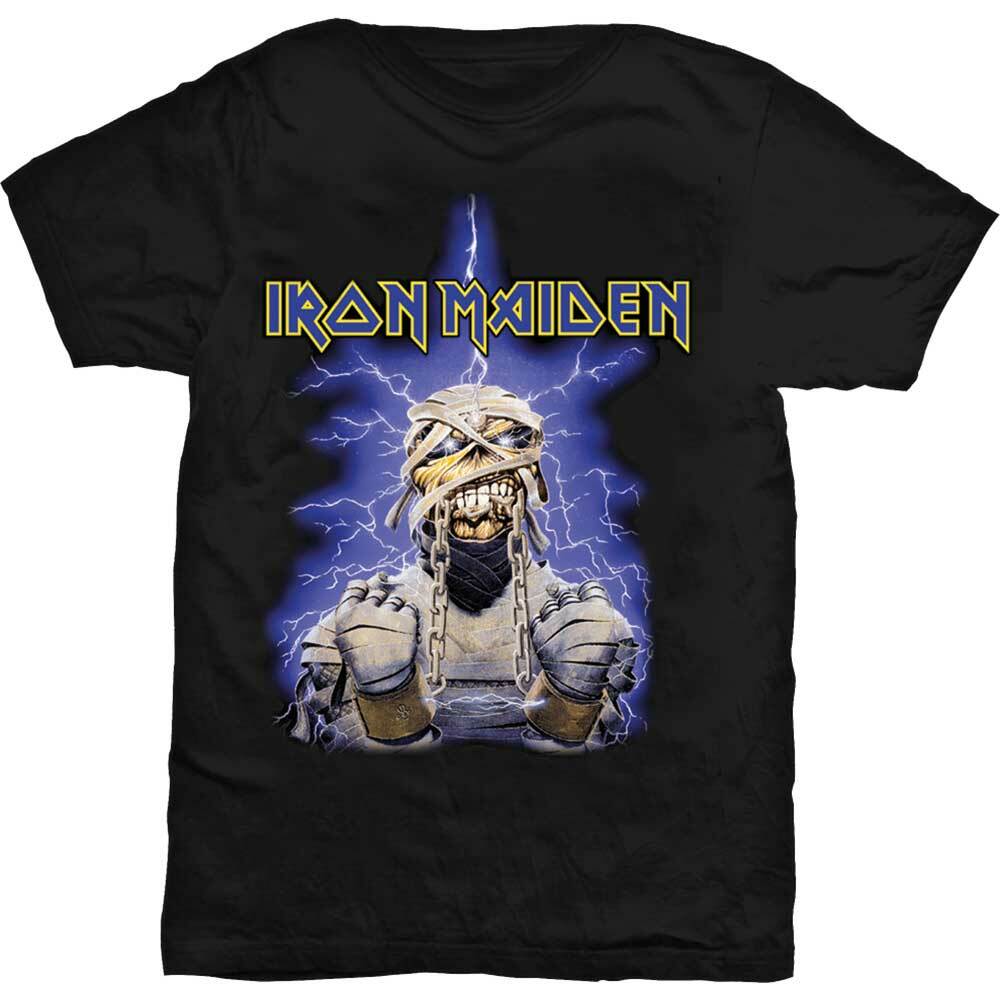 Official  Black cotton Iron Maiden power slave t shirt with mummified eddie, lightning bolts and band logo graphic on the front