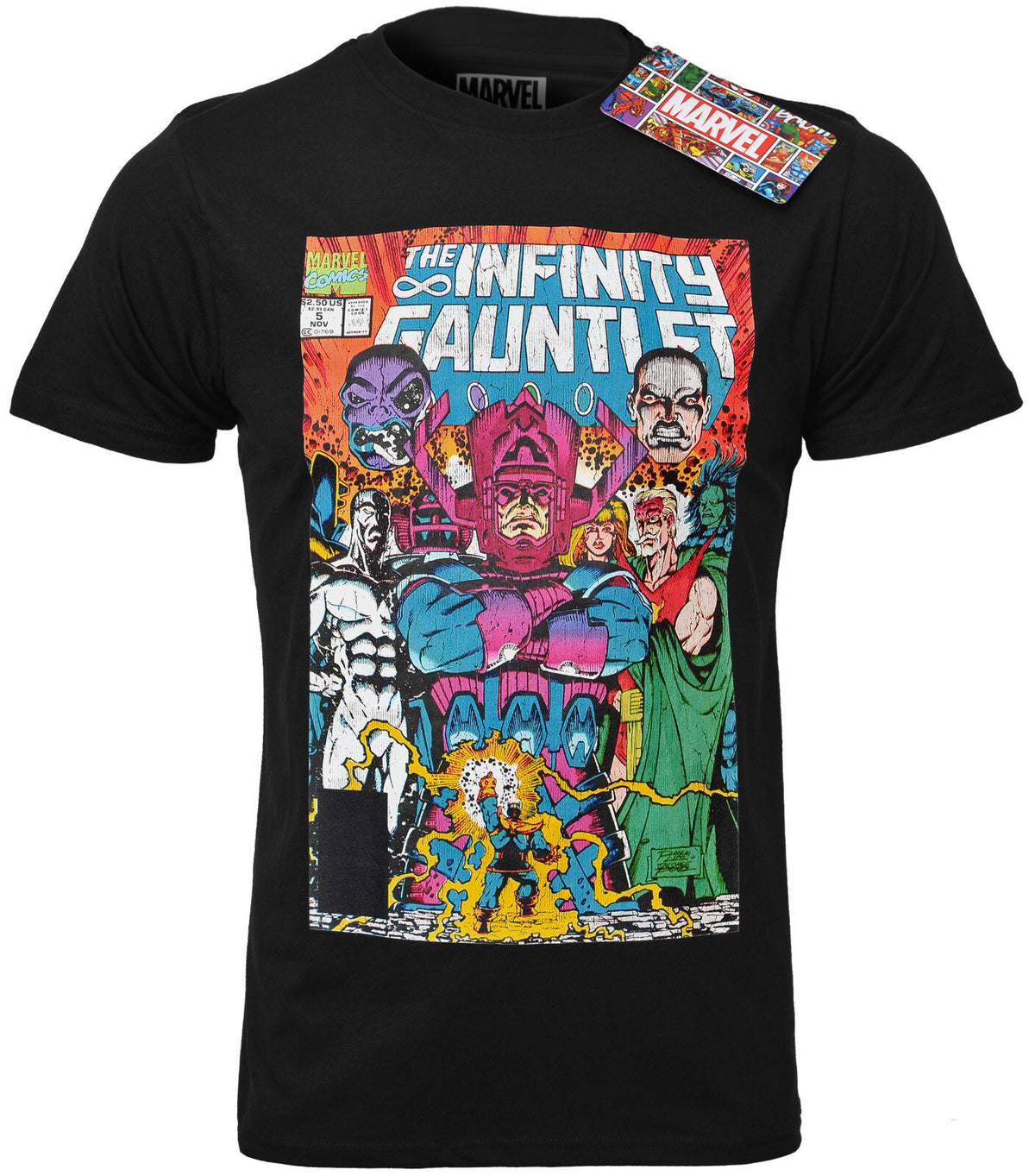 official Marvel T shirt with a comic cover graphic print on the front featuring The infinity gauntlet cover art