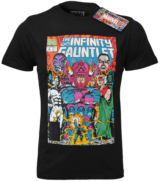 official Marvel T shirt with a comic cover graphic print on the front featuring The infinity gauntlet cover art