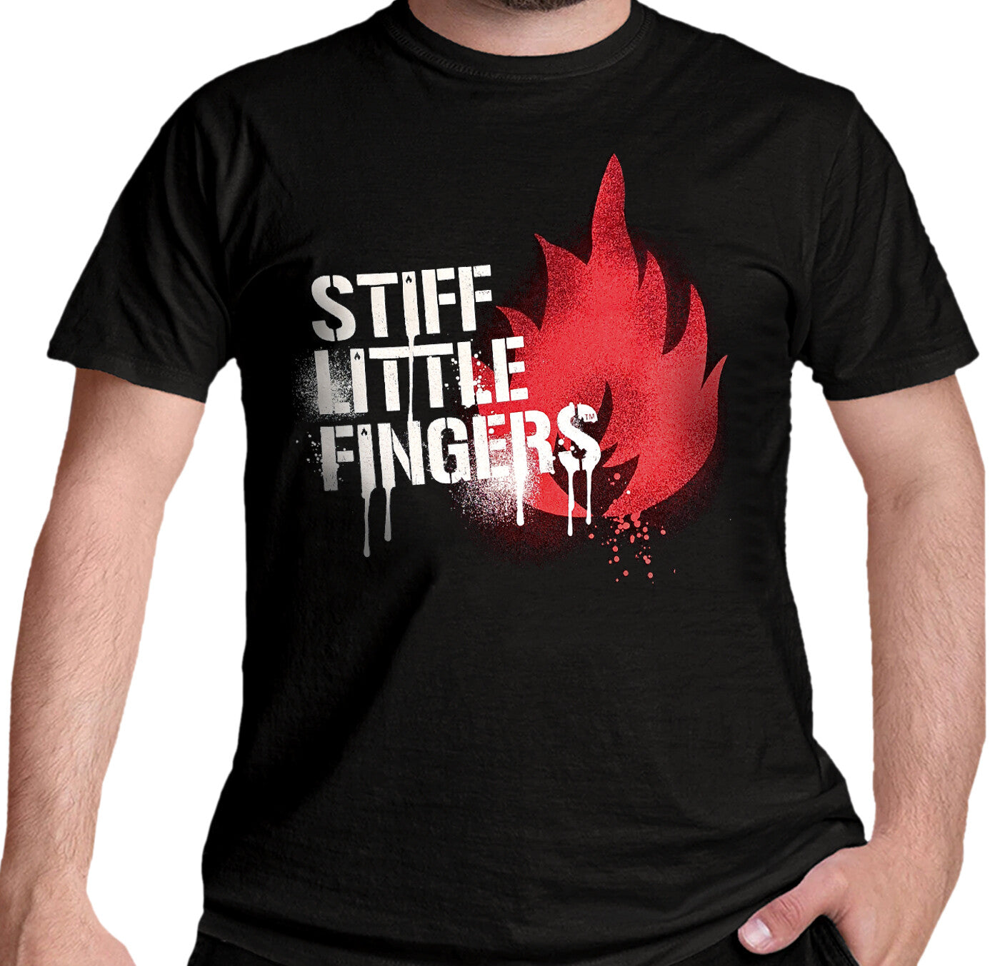 A black officially licensed Stiff Little Fingers T Shirt with a graffiti style logo and flame graphic on the front