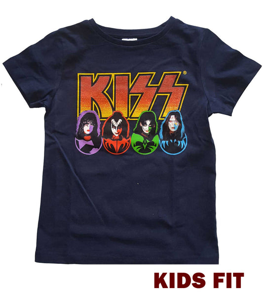 official Kiss Navy blue childrens t-shirt with Kiss band members' portraits and 'Kiss' logo on a white background.