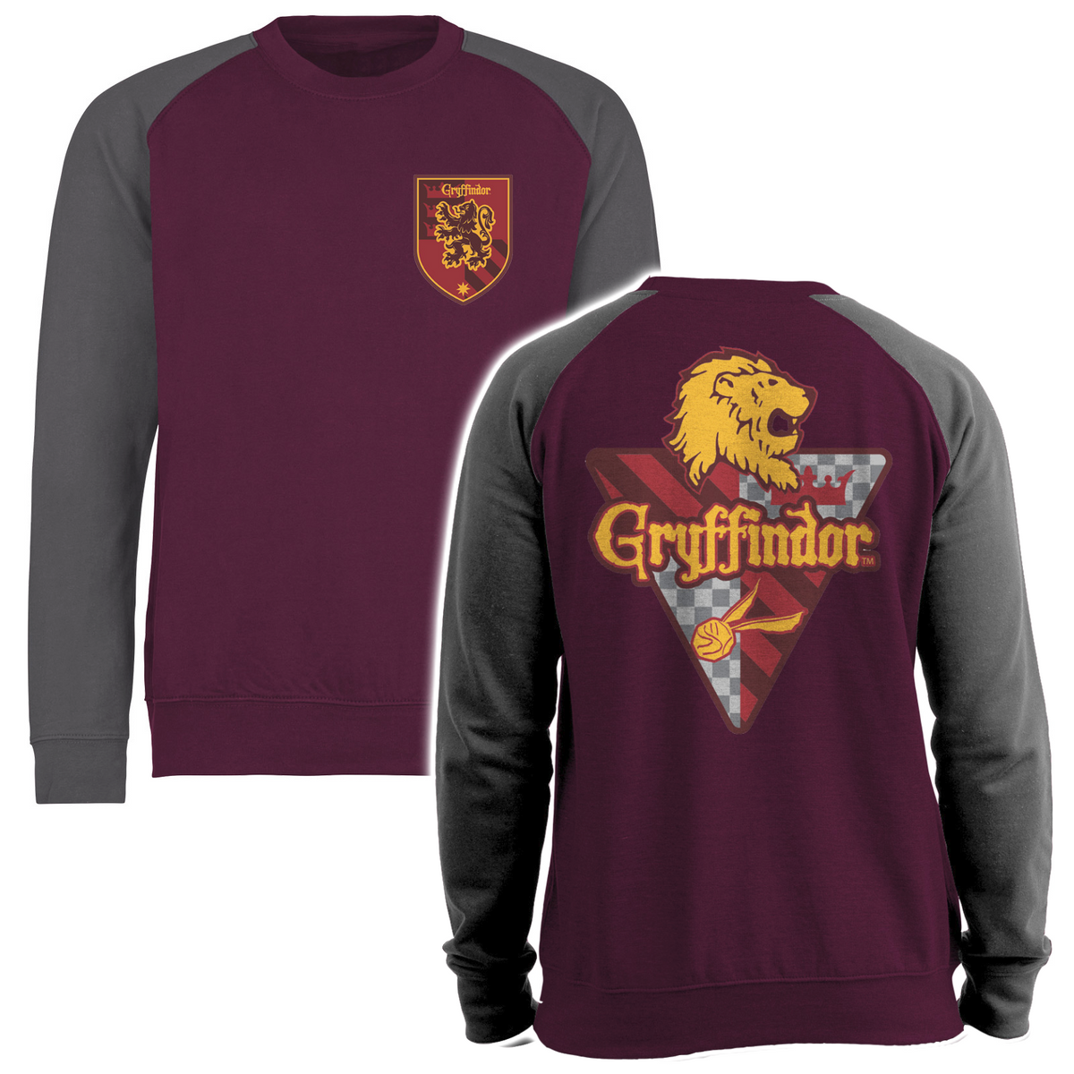 Maroon and gray Harry Potter sweatshirt with Gryffindor logo front and back