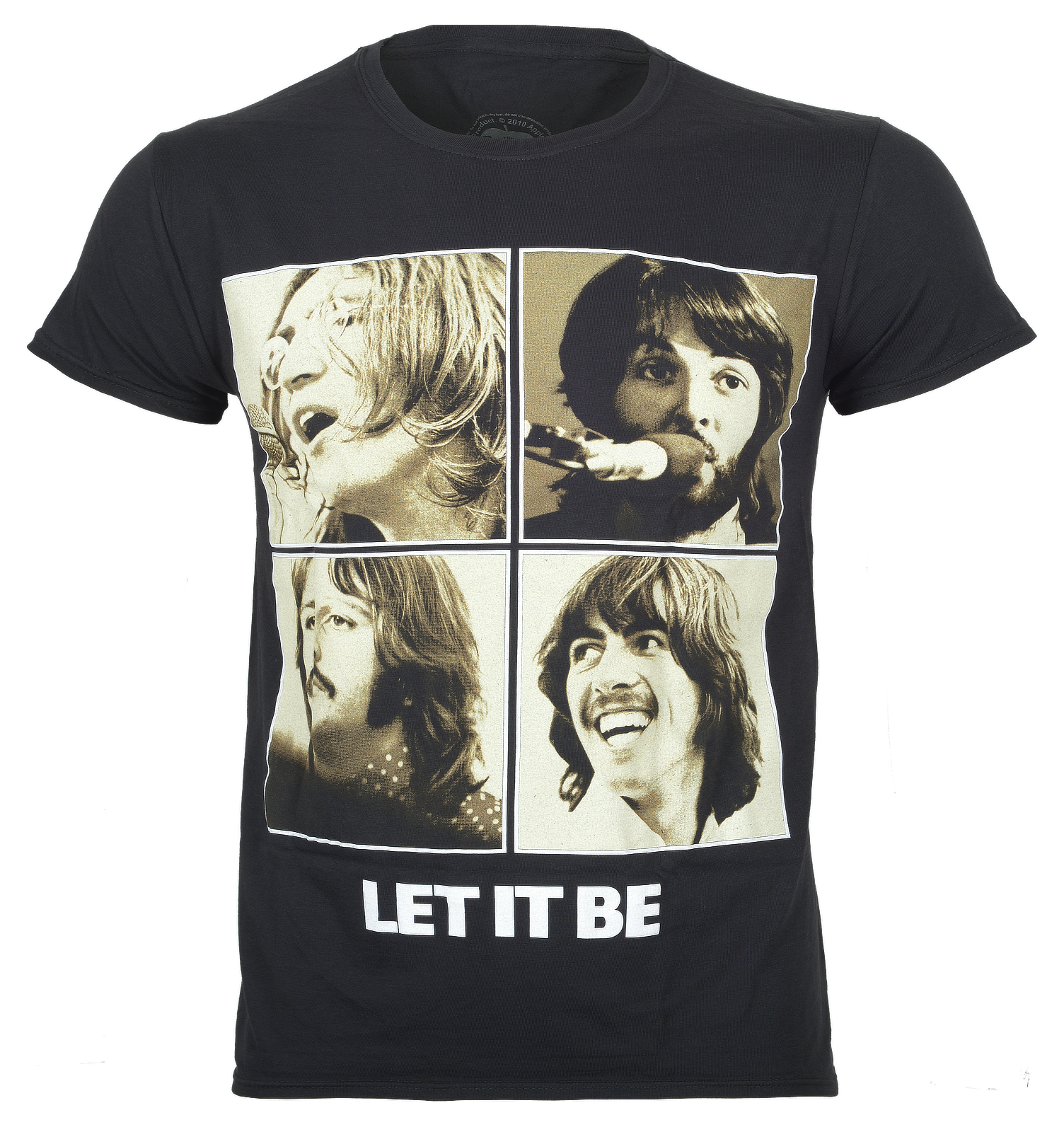 Black official Beatles t-shirt with collage of Beatles' faces and 'Let It Be' text on a white background