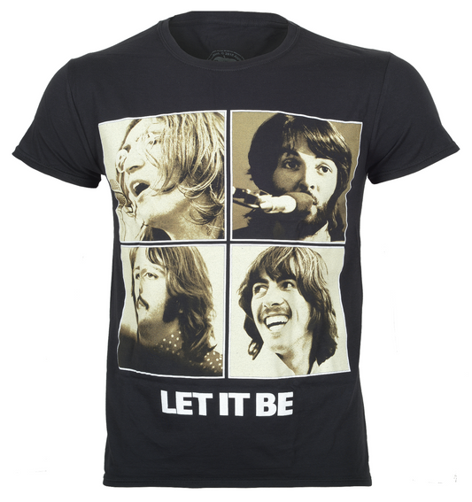 Black official Beatles t-shirt with collage of Beatles' faces and 'Let It Be' text on a white background