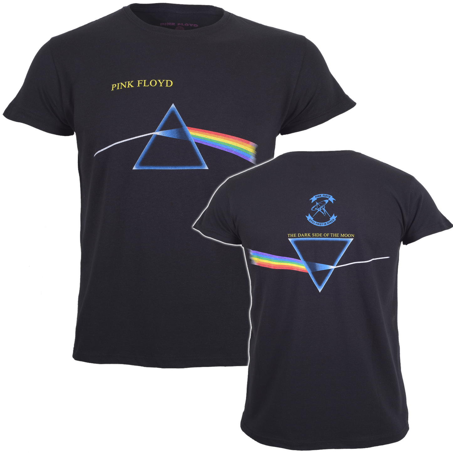 a black official pink floyd dark side of the moon prism graphic t shirt with a back print of the same graphic flipped upside down and a satellite graphic above