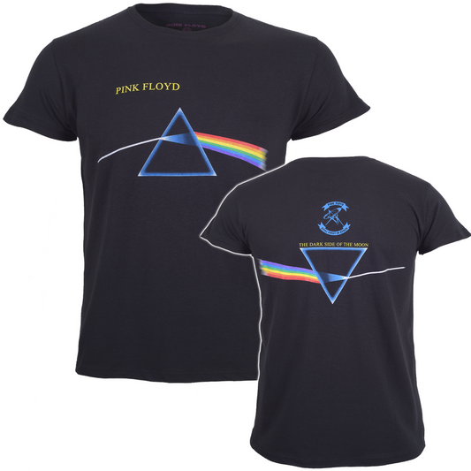 a black official pink floyd dark side of the moon prism graphic t shirt with a back print of the same graphic flipped upside down and a satellite graphic above