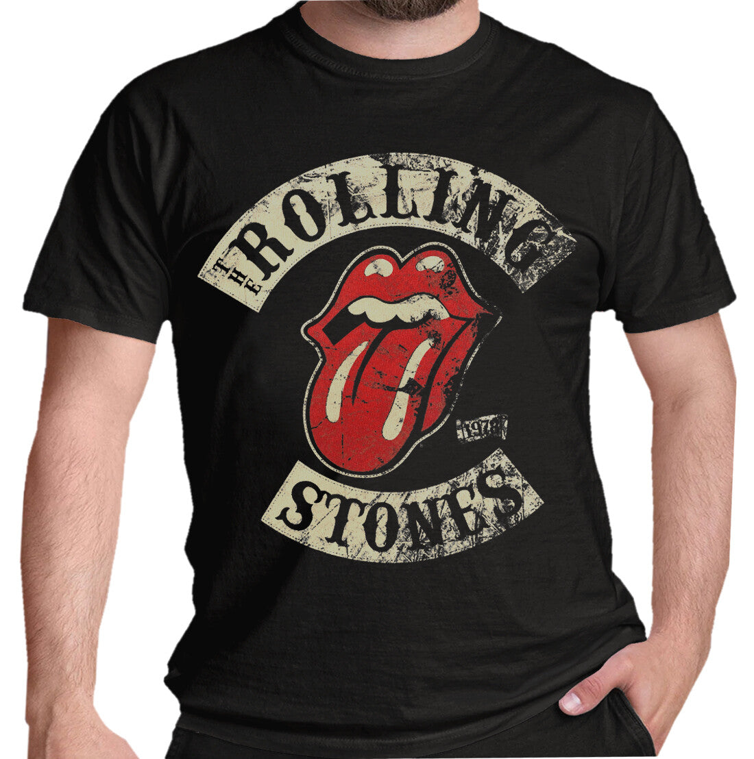 an official rolling stones t shirt with a front print of the classic lick design with the bands logo and 1978 on it