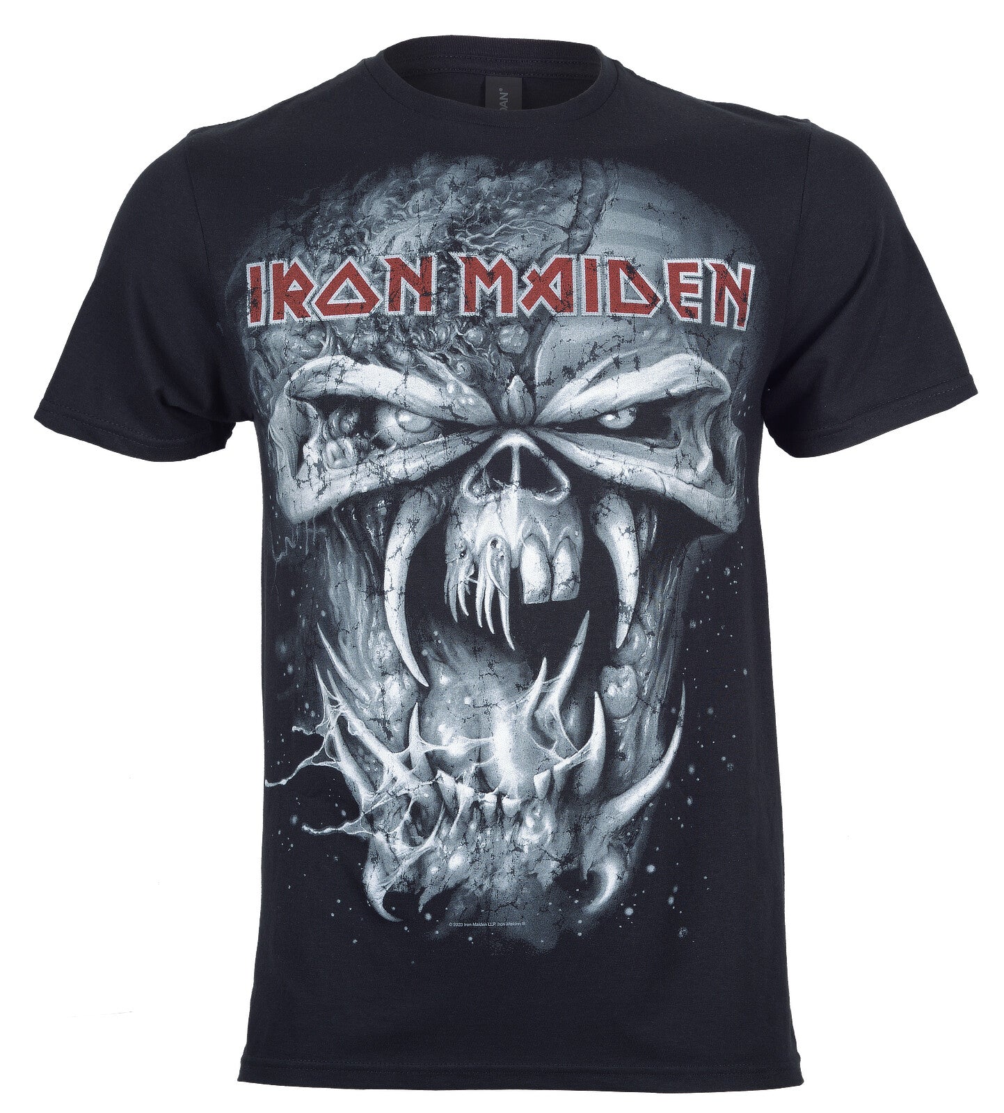 Official Iron Maiden cotton t shirt final frontier eddie large print on front in black and white and band logo in red