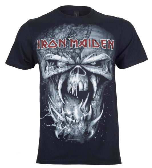 Official Iron Maiden cotton t shirt final frontier eddie large print on front in black and white and band logo in red