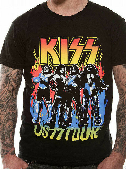 An officially licensed black Kiss t shirt with a graphic print of the band members and Kiss US 77 tour text on front