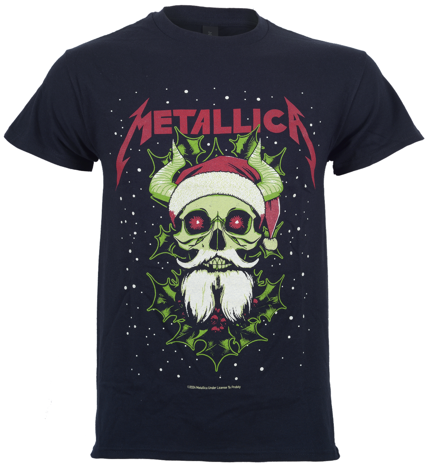 Official Black Metallica T shirt front print . Band logo and horn skull santa claus graphic with holly and snow deco