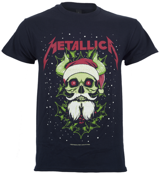 Official Black Metallica T shirt front print . Band logo and horn skull santa claus graphic with holly and snow deco