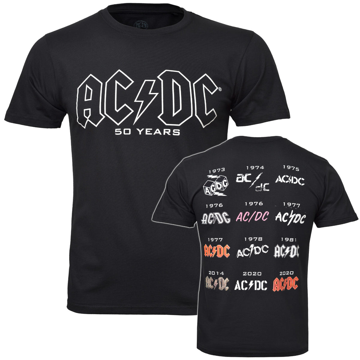 black ac dc t shirt with logo and 50 years on  front and various ac dc logos through the years on the back