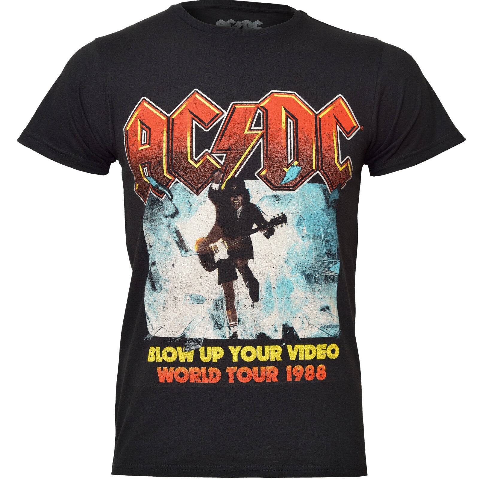 Black official AC/DC t-shirt with AC/DC Blow Up Your Video graphic design featuring a Angus and Blow Up Your Video World Tour 1988 Text.
