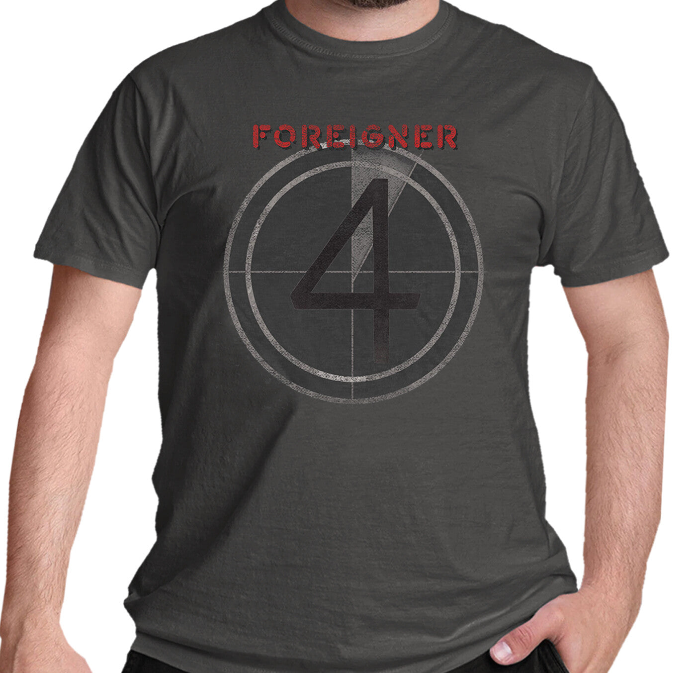 A grey Foreigner T shirt with the officially licensed 4 Album cover art on the front