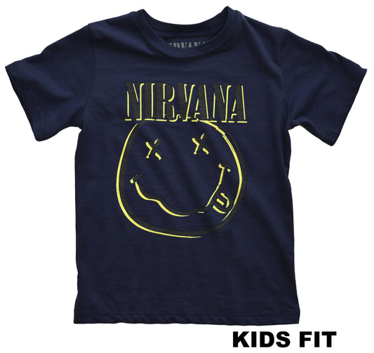 Dark blue official Nirvana t shirt with inverted smiling face graphic print and Nirvana Text logo on front