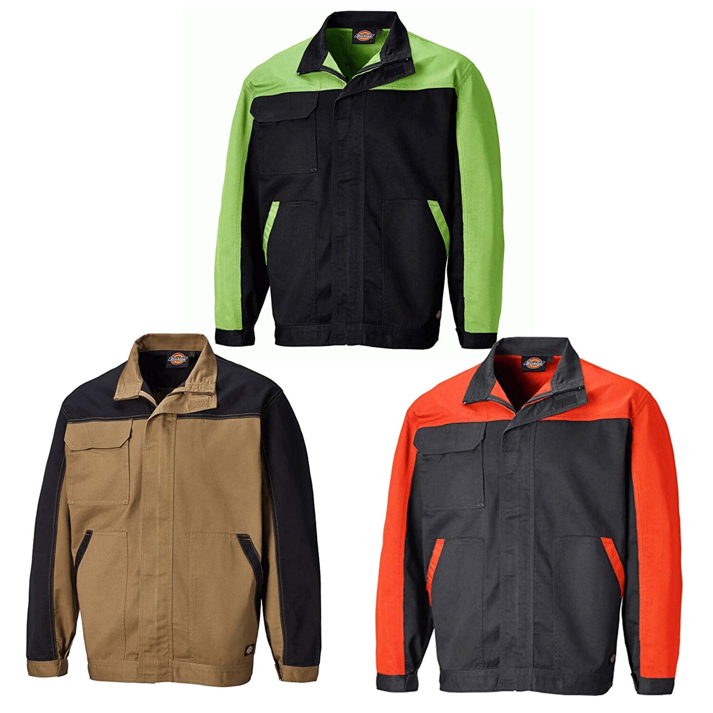 Three Dickies everyday jackets in green, brown, and orange with black accents on a white background