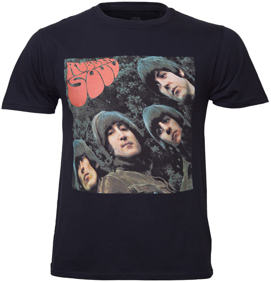 Black official Beatles t-shirt with 'Rubber Soul' album cover design featuring The Beatles on the front