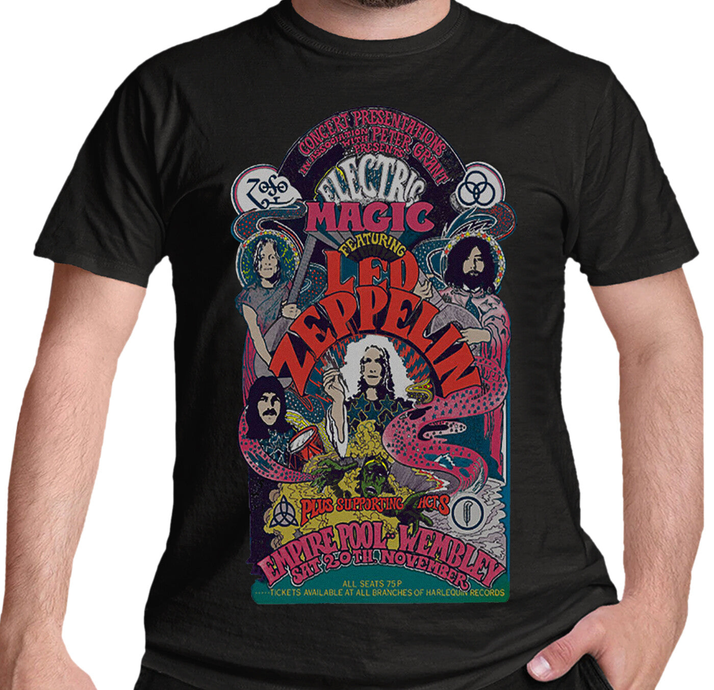 led zeppelin Offically licensed black t shirt with a colourful graphic print fr a classic Led Zeppelin Poster for Electric Magic. on the front