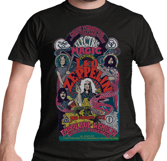 led zeppelin Offically licensed black t shirt with a colourful graphic print fr a classic Led Zeppelin Poster for Electric Magic. on the front