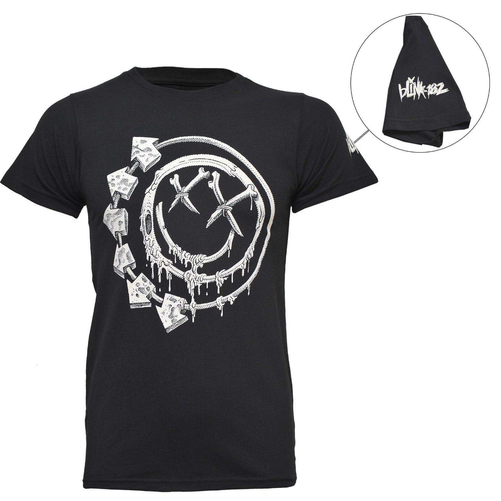 official Blink 182 black t shirt with the Bones smile design on the front and a Blink 182 Band logo print on the left sleeve