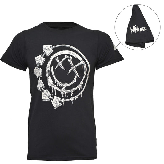 official Blink 182 black t shirt with the Bones smile design on the front and a Blink 182 Band logo print on the left sleeve