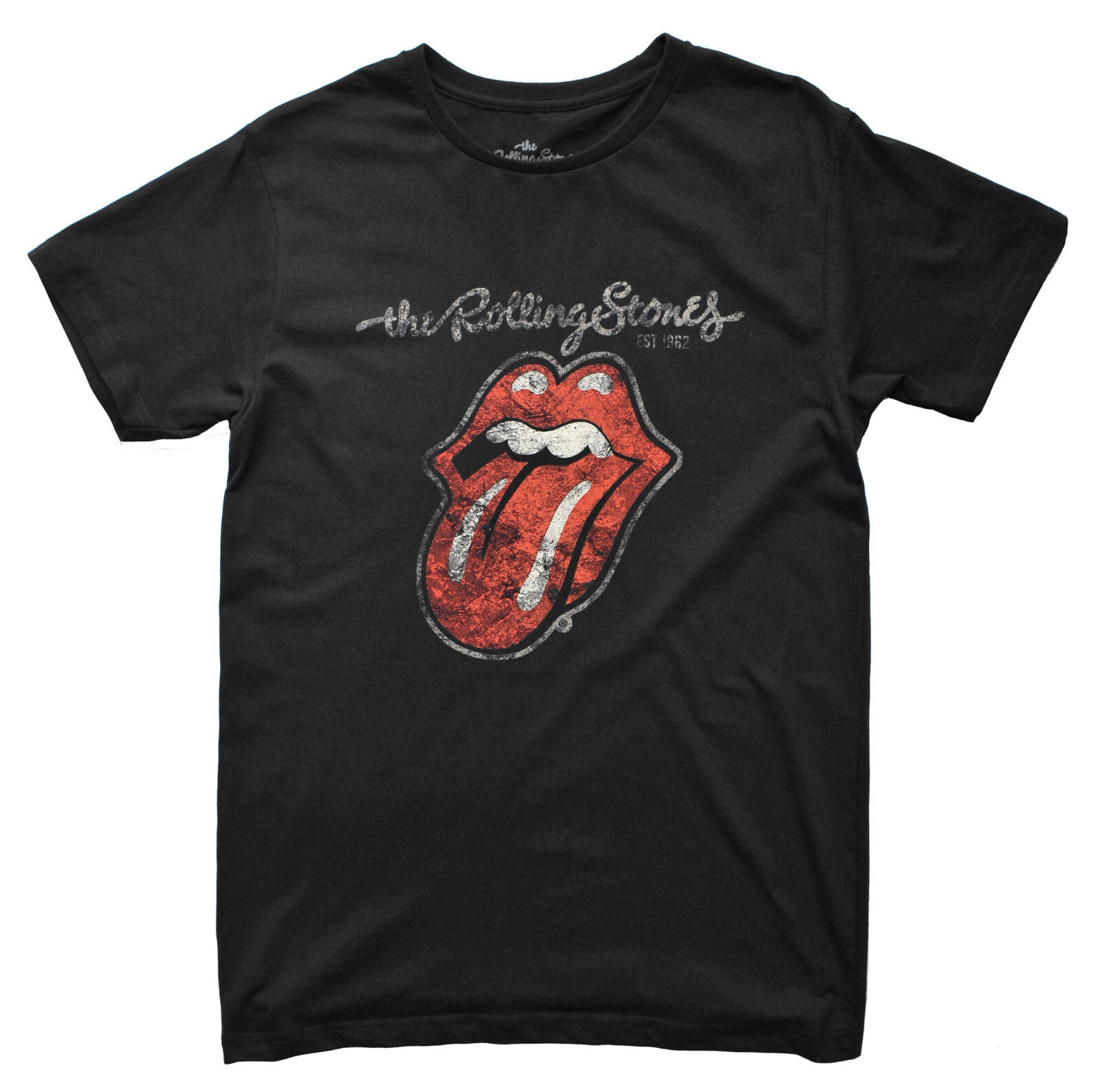 Official Rolling Stones Black T Shirt with a plastered tongue printed design on the front with band logo