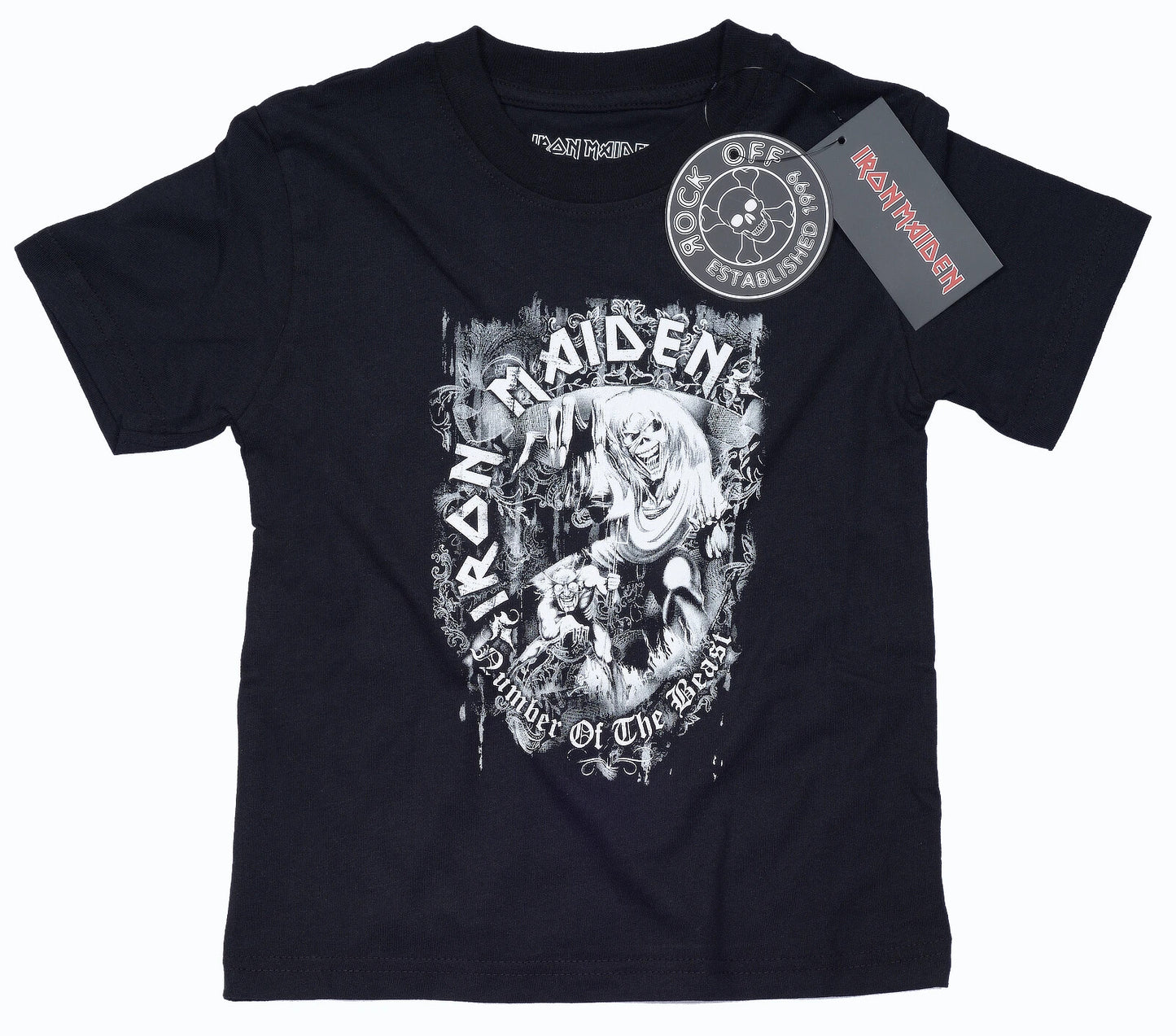a black official Iron Maiden children's T shirt with a black and white number Of the Beast Graphic print on the front