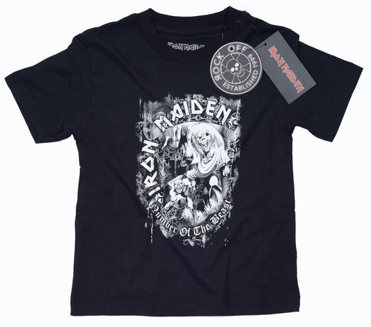 a black official Iron Maiden children's T shirt with a black and white number Of the Beast Graphic print on the front