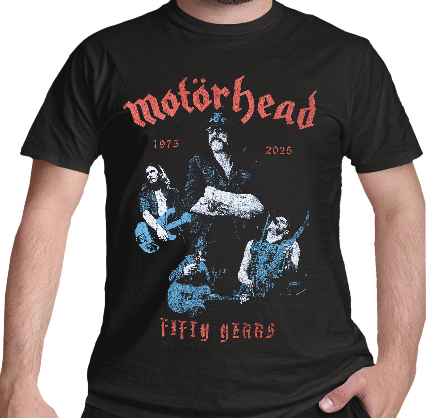 50 year anniversary official motorhead black cotton t shirt with different pictures of lemmy on the front