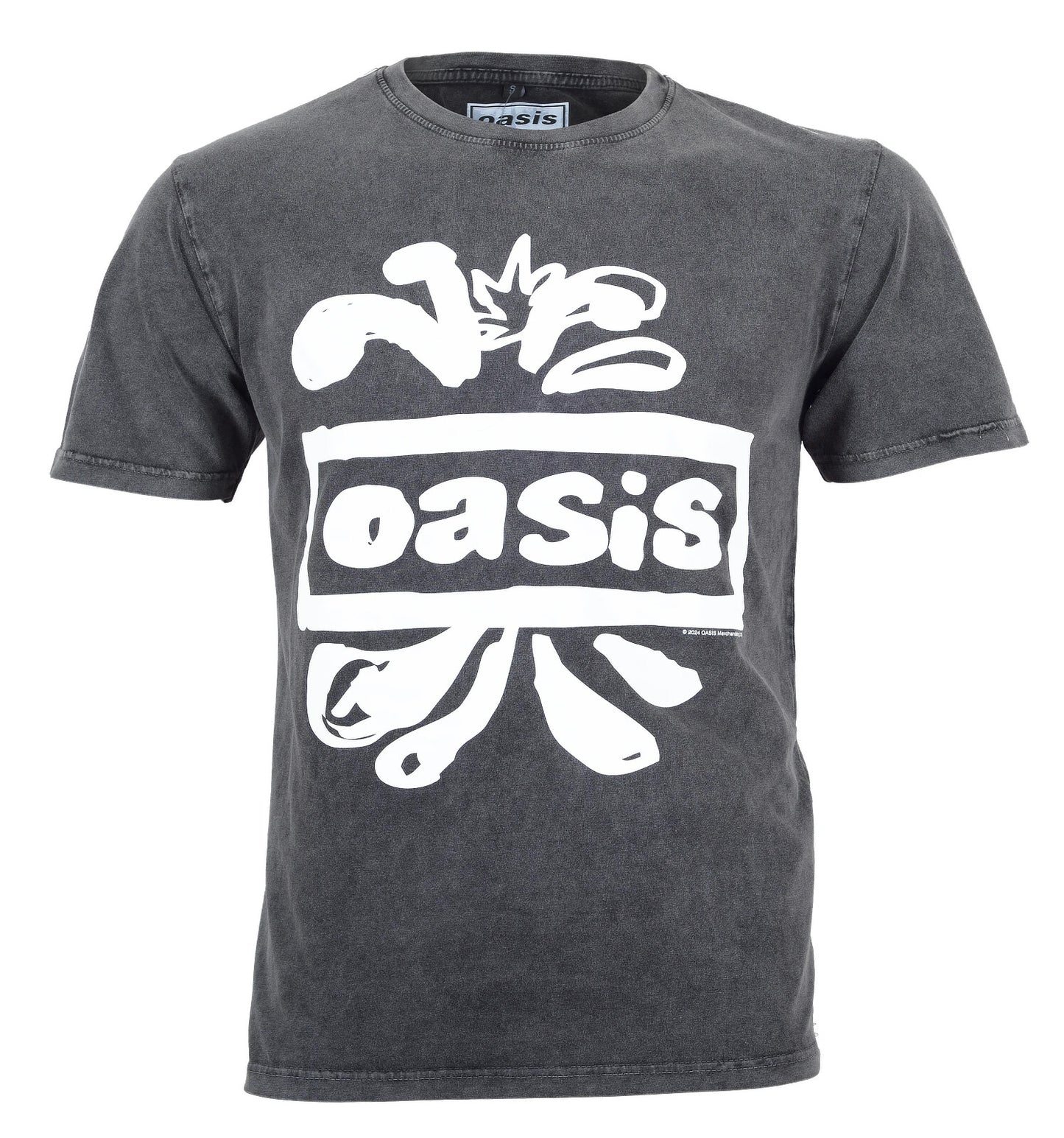 Oasis Official Limited edition stone wash t shirt  with a white splat logo of the Oasis logo