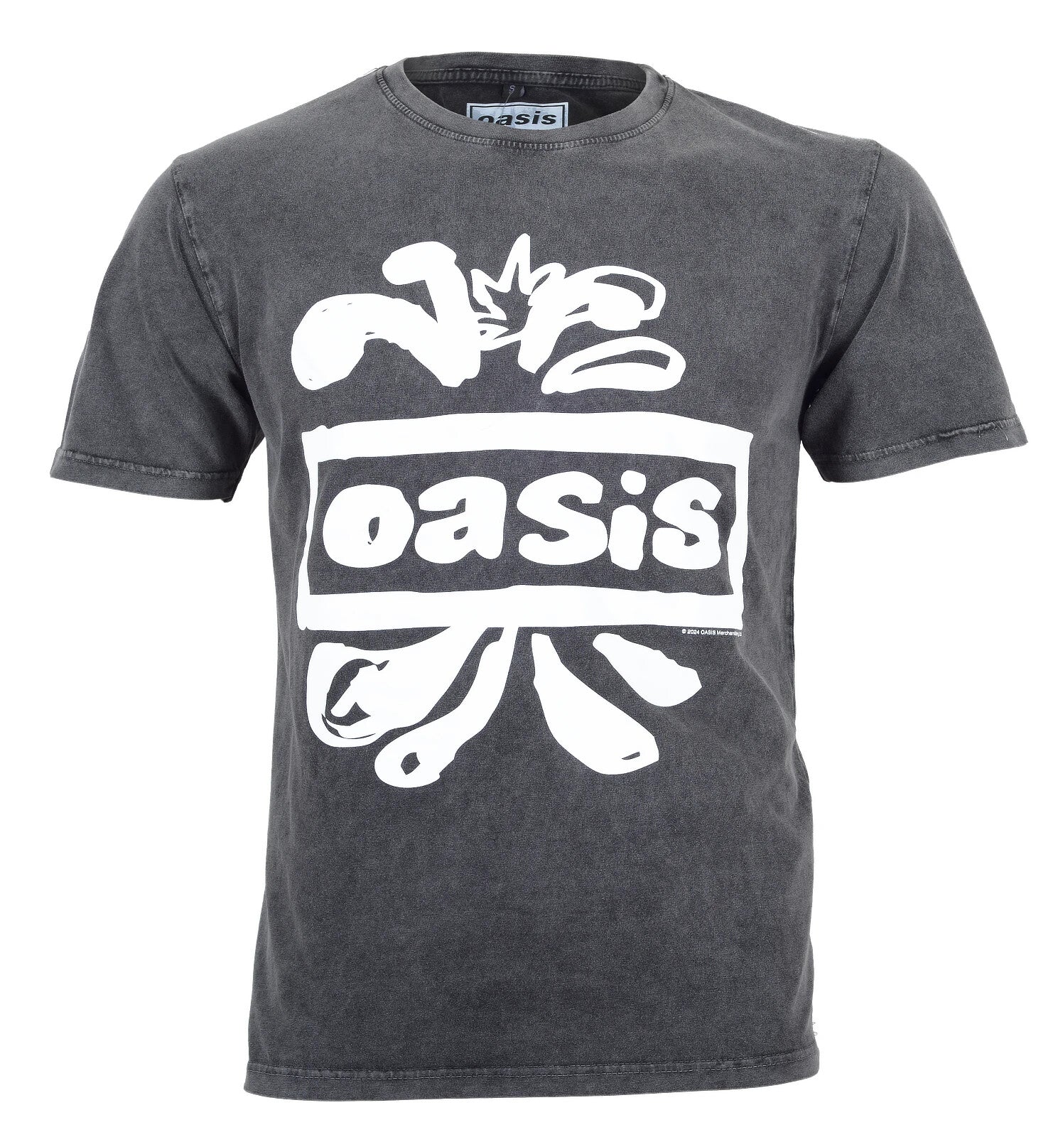 Oasis Official Limited edition stone wash t shirt  with a white splat logo of the Oasis logo