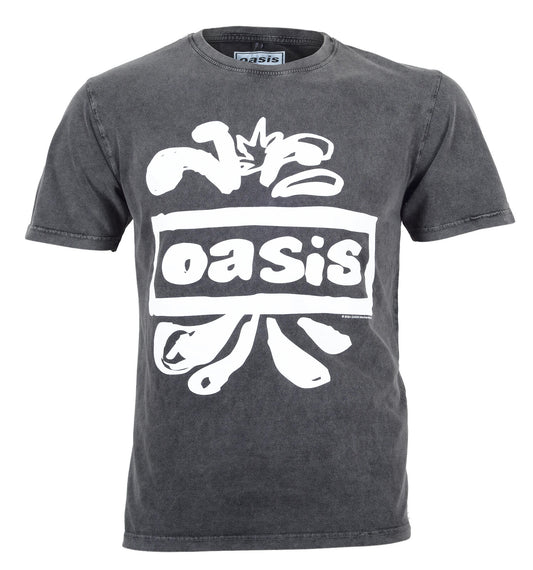 Oasis Official Limited edition stone wash t shirt  with a white splat logo of the Oasis logo