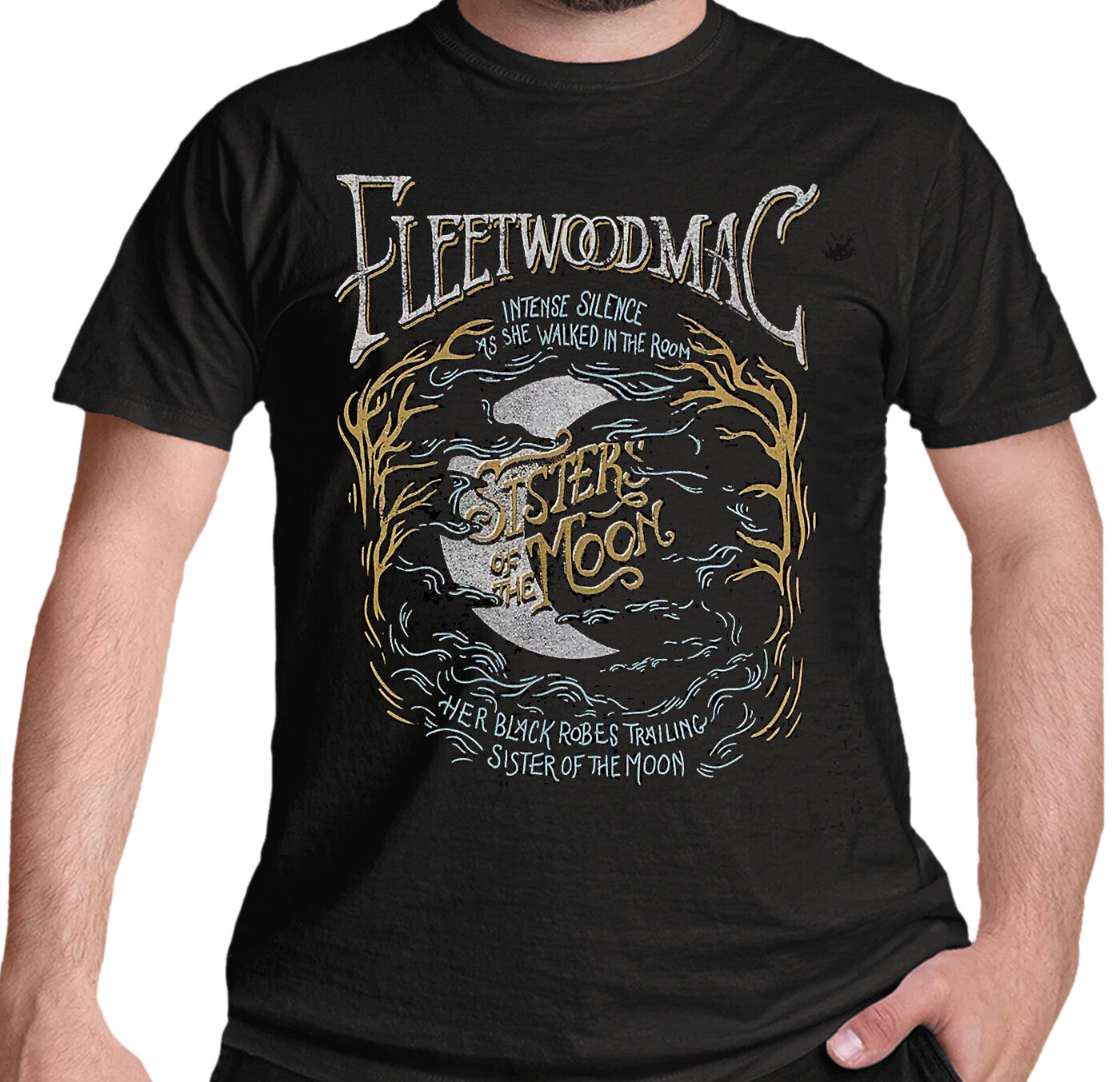 a black official Fleetwood Mac t Shirt with a Sisters Of The Moon graphic print on the front 