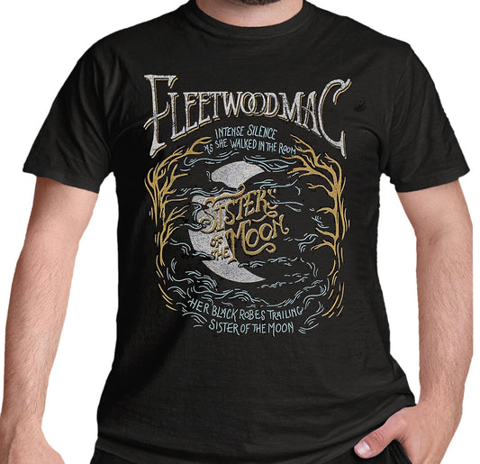 a black official Fleetwood Mac t Shirt with a Sisters Of The Moon graphic print on the front 