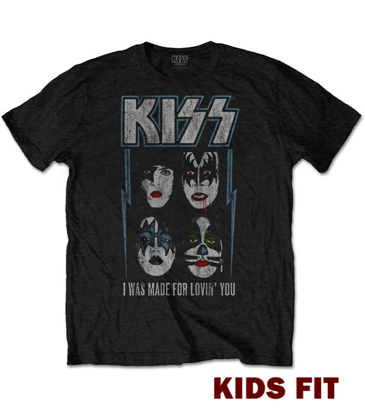 Black official Kiss Childrens t-shirt with KISS band members graphic and I was made for lovin you text on front