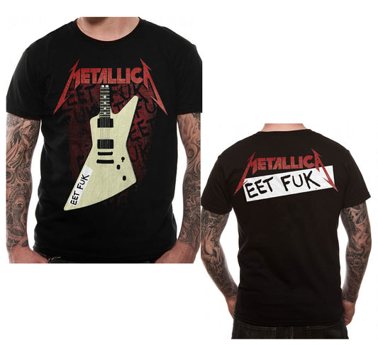 Official Metallica black t shirt with band logo on front and JameHetfield guitar with eet fuk on front and band logo and eet fuk on the back