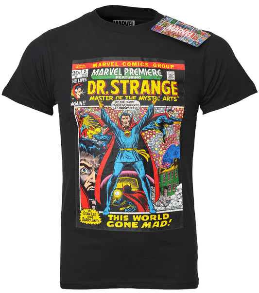 Official Black Marvel t-shirt with Dr. Strange comic book cover design on a white background