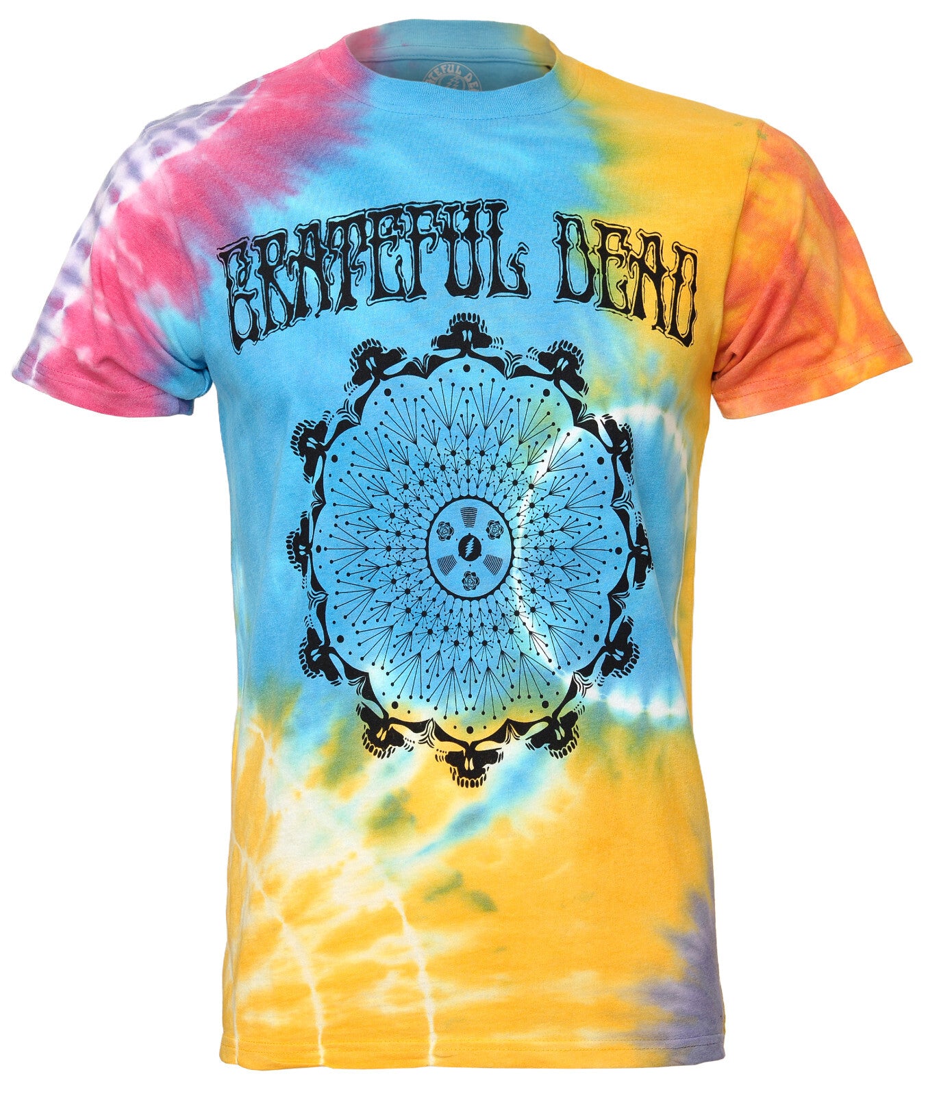 Tie dye official Grateful Dead t shirt with dreamcatcher graphic and grateful dead text on the front