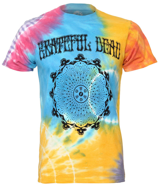 Tie dye official Grateful Dead t shirt with dreamcatcher graphic and grateful dead text on the front