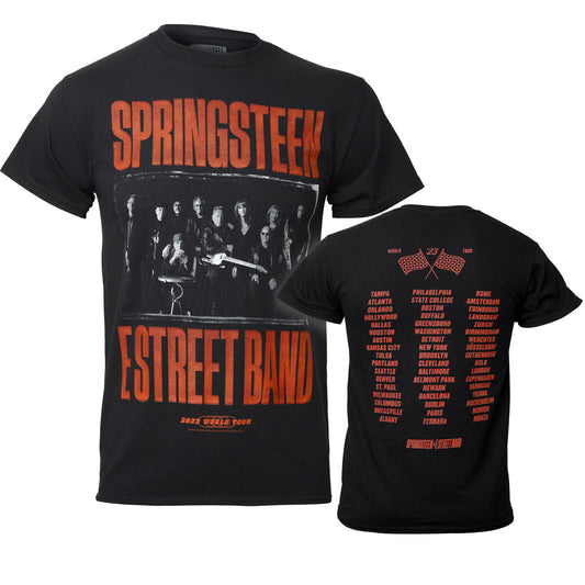 Official Bruce Springsteen black 2023 ex tour t shirt with bruce photo and the e street band on the front and tour cities on the back