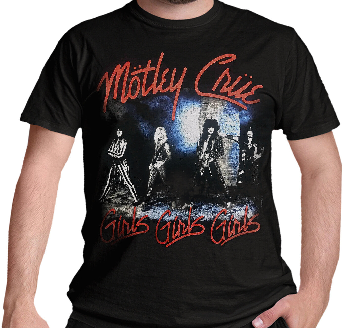 Black t-shirt with Mötley Crüe graphic and 'Girls Girls Girls' text on the front