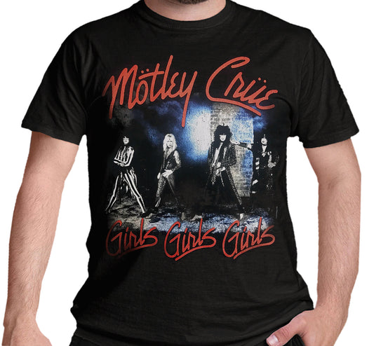 Black t-shirt with Mötley Crüe graphic and 'Girls Girls Girls' text on the front