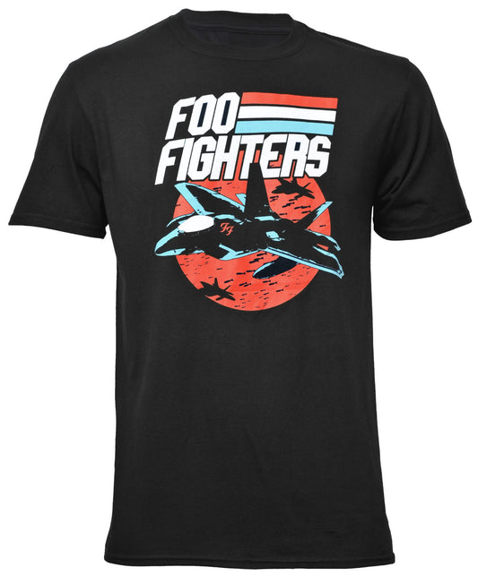 a black official foo fighters t shirt with a a graphic print of a fighter jet with the band name above on the front