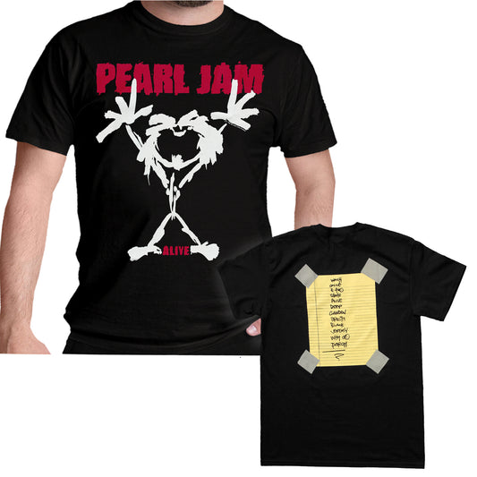 Official Pearl Jam Stickman Alive T shirt with Pearl Jam Logo and stickman graphic on front and track list on the back