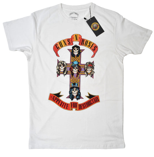 an official white guns n roses t shirt with appetite for destruction album cover skull and cross graphic