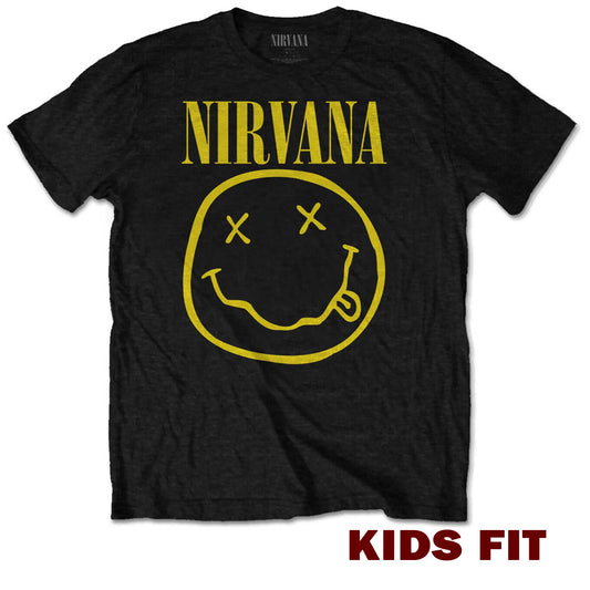 official black nirvana childrens t shirt with smile happy face graphic on the front